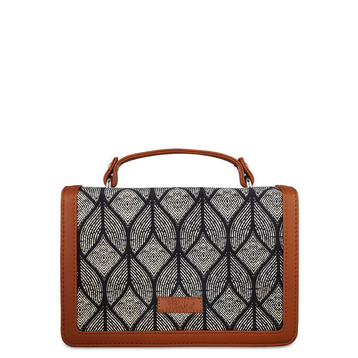 Monochrome printed canvas crossbody sling bag with slim horizontal silhouette for daily and travel use