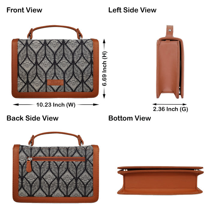 Monochrome printed canvas crossbody sling bag with slim horizontal silhouette for daily and travel use-infographic image