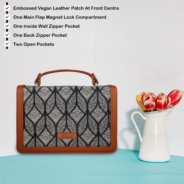 Monochrome printed canvas crossbody sling bag with slim horizontal silhouette for daily and travel use-feature image