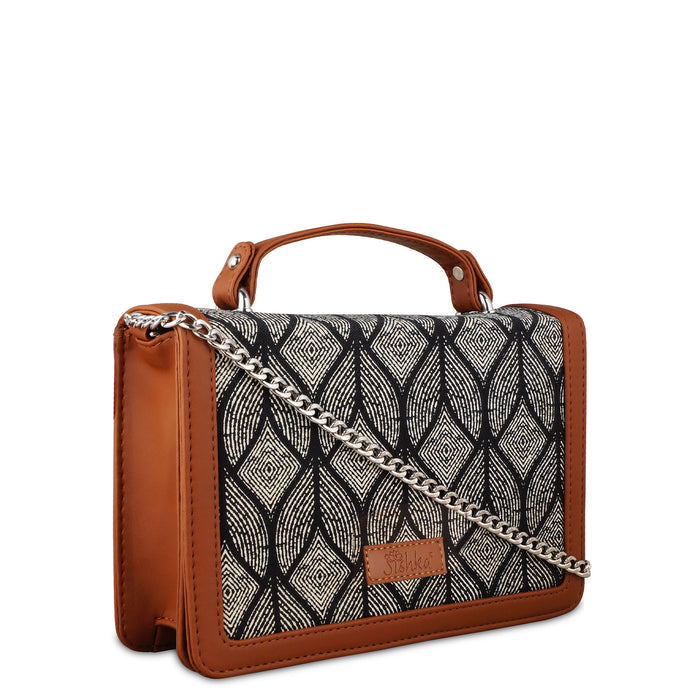 Monochrome printed canvas crossbody sling bag with slim horizontal silhouette for daily and travel use-half side view