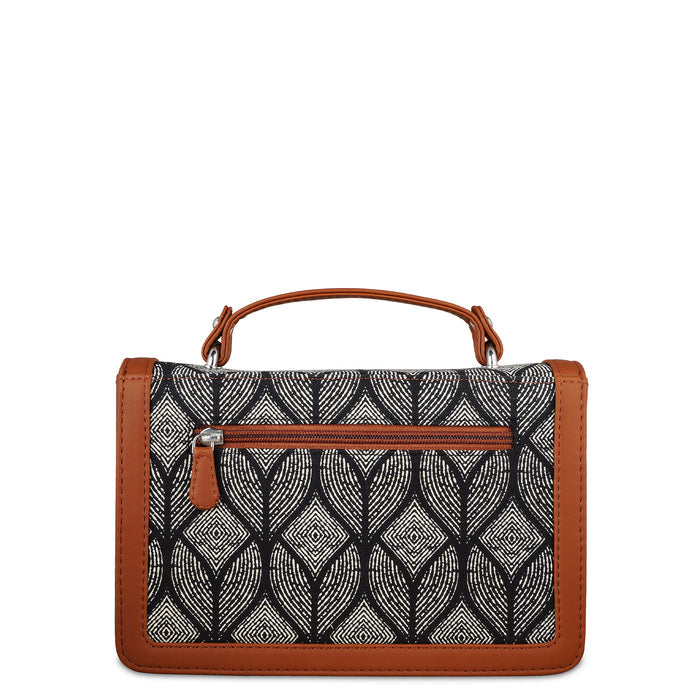 Monochrome printed canvas crossbody sling bag with slim horizontal silhouette for daily and travel use-back view
