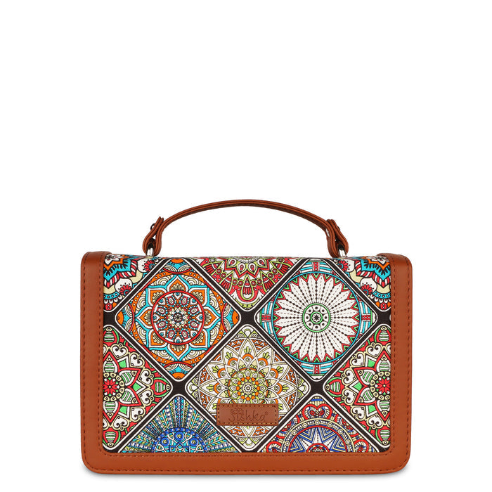 Multicolour printed canvas crossbody sling bag with slim horizontal silhouette for everyday and travel use