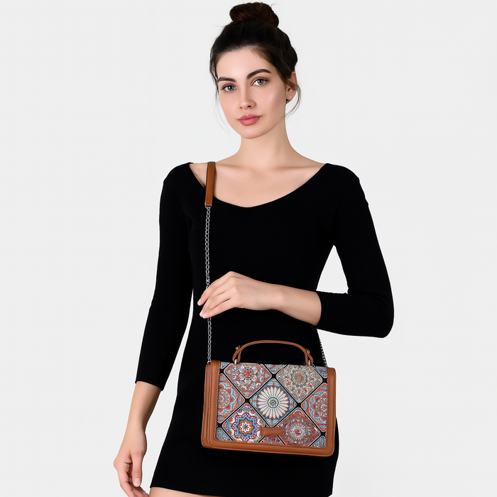 Multicolour printed canvas crossbody sling bag with slim horizontal silhouette for everyday and travel use-model image
