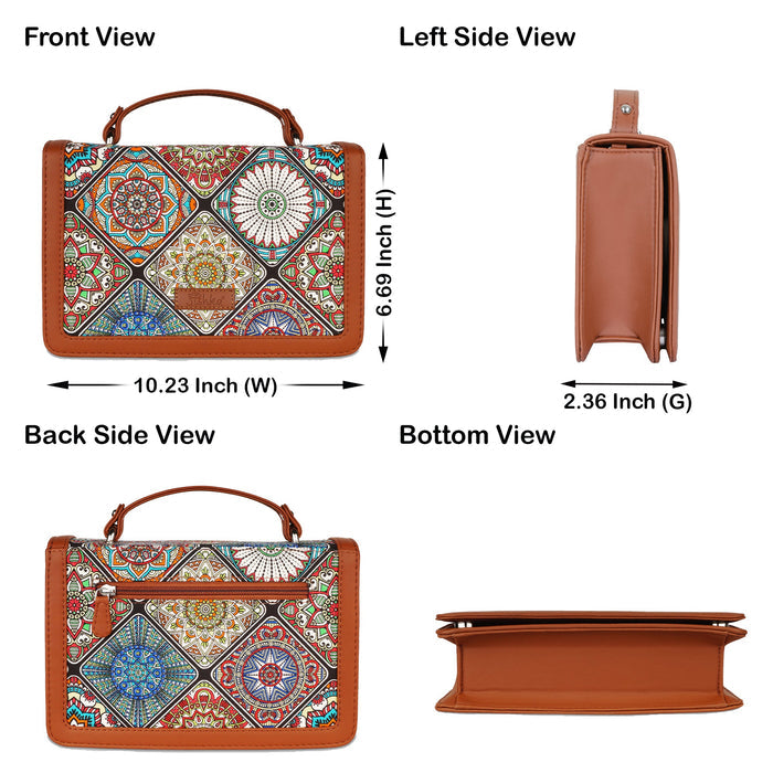 Multicolour printed canvas crossbody sling bag with slim horizontal silhouette for everyday and travel use-infographic image