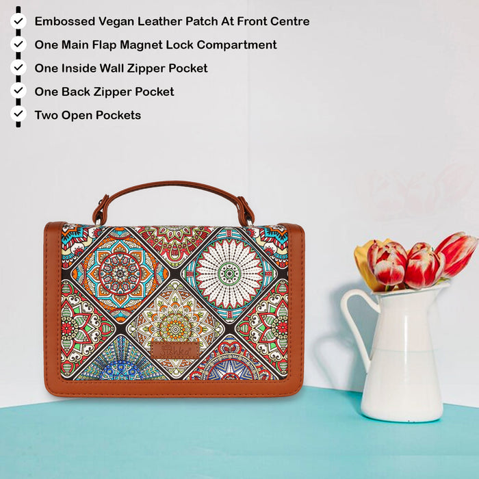 Multicolour printed canvas crossbody sling bag with slim horizontal silhouette for everyday and travel use-feature image