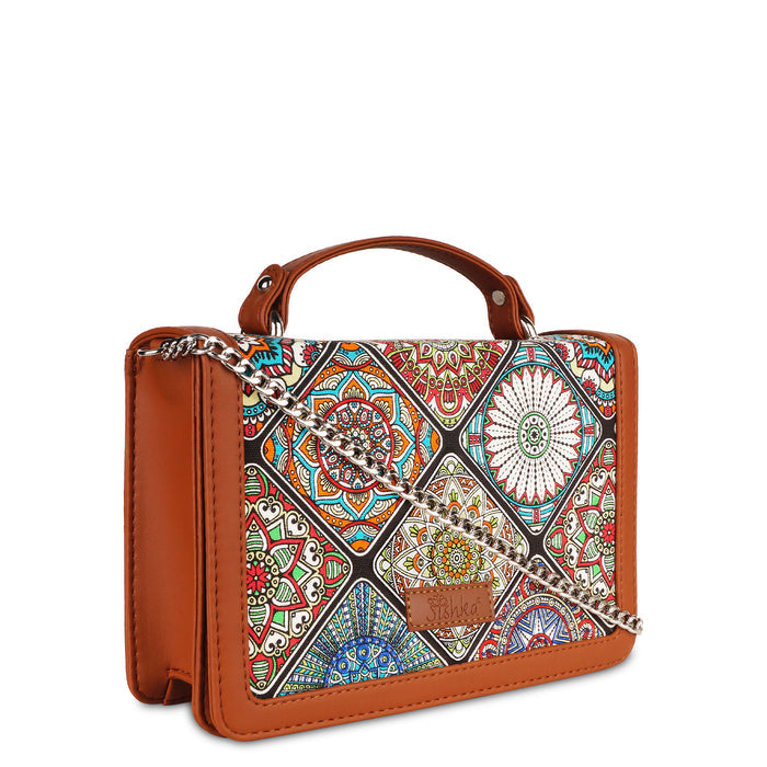 Multicolour printed canvas crossbody sling bag with slim horizontal silhouette for everyday and travel use-half side view