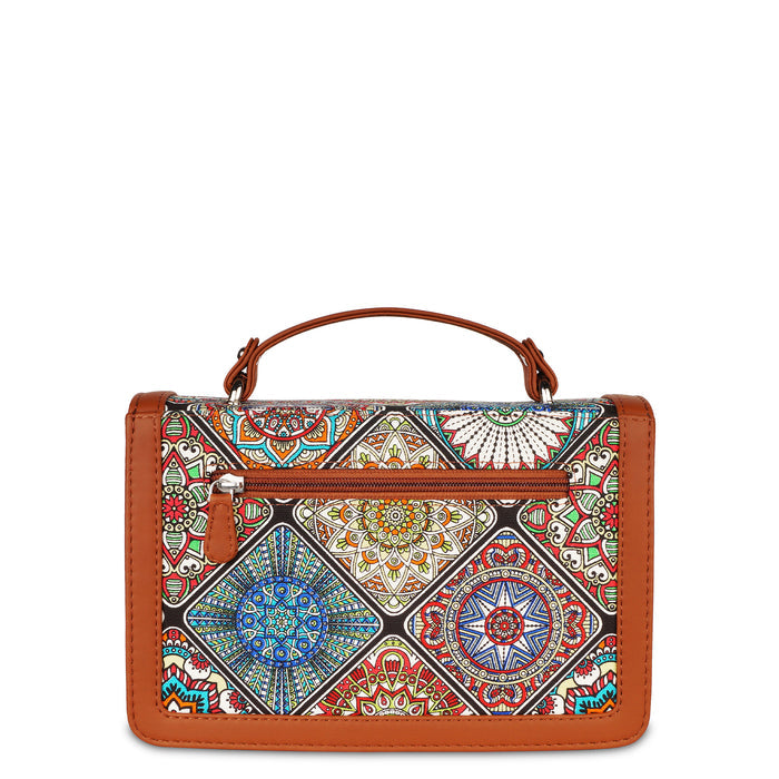 Multicolour printed canvas crossbody sling bag with slim horizontal silhouette for everyday and travel use-back view