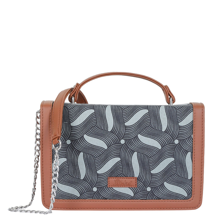 Olive green printed canvas crossbody sling bag with slim horizontal silhouette for travel and everyday use
