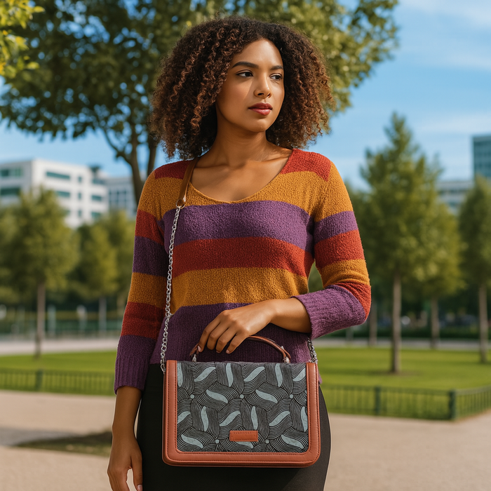 Olive green printed canvas crossbody sling bag with slim horizontal silhouette for travel and everyday use-model image