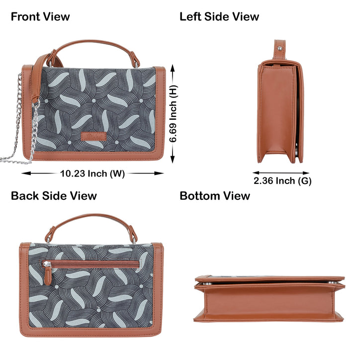 Olive green printed canvas crossbody sling bag with slim horizontal silhouette for travel and everyday use-infographic image