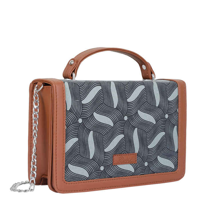 Olive green printed canvas crossbody sling bag with slim horizontal silhouette for travel and everyday use-half side view