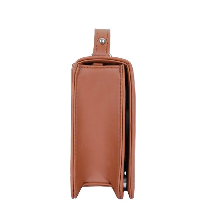 Olive green printed canvas crossbody sling bag with slim horizontal silhouette for travel and everyday use-side view