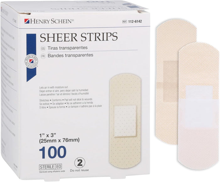 Henry Schein Adhesive Sheer Bandage Strips, 1" x 3", Sterile, Box of 100