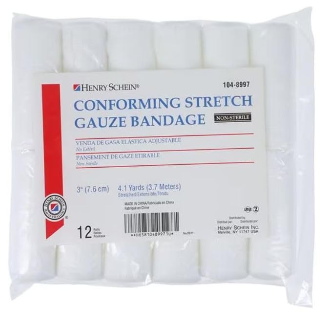 Henry Schein Conforming Stretch Gauze Bandage, 3" x 4.1 yards, Pack of 12, 8 ply, Non-Sterile