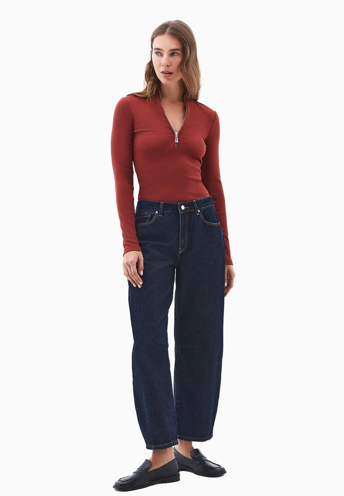 High Neck T-Shirt With Zipper Detail - FIRED BRICK