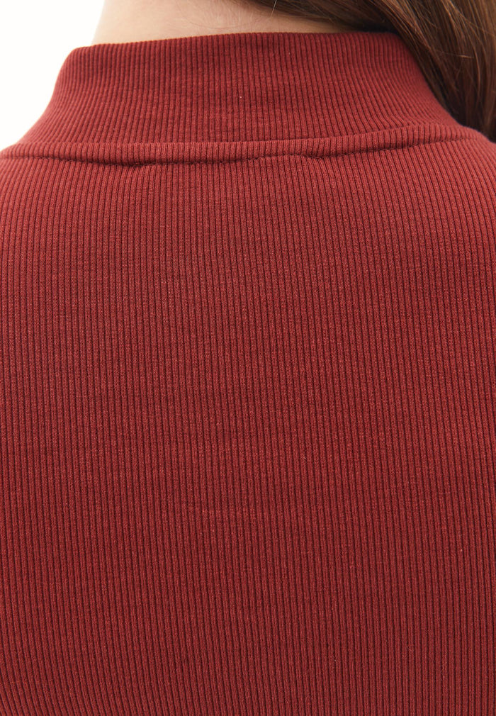 High Neck T-Shirt With Zipper Detail - FIRED BRICK