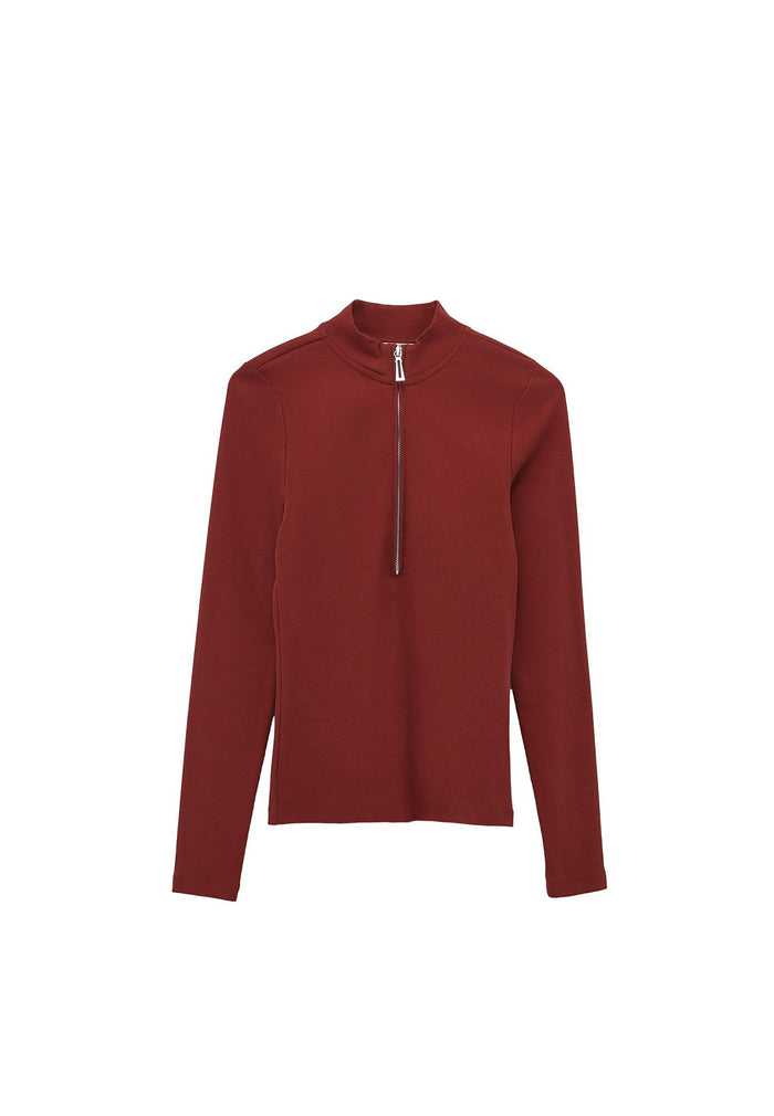High Neck T-Shirt With Zipper Detail - FIRED BRICK