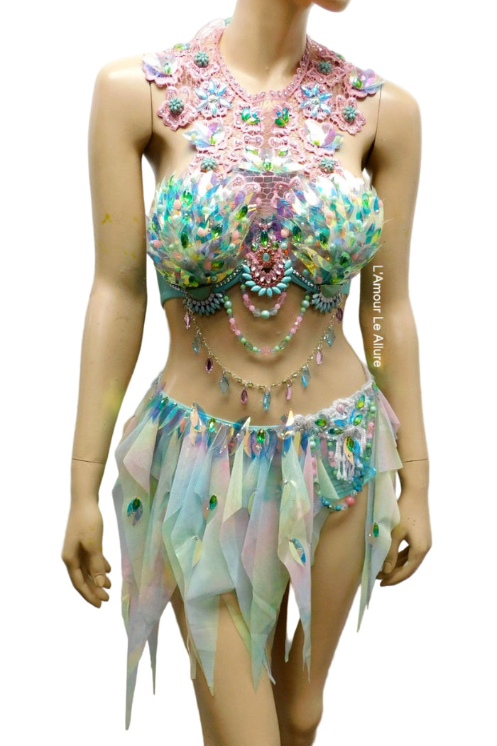 Holographic Pastel Rainbow Flower Fairy Bra and Bottom Costume Dance Rave Halloween
