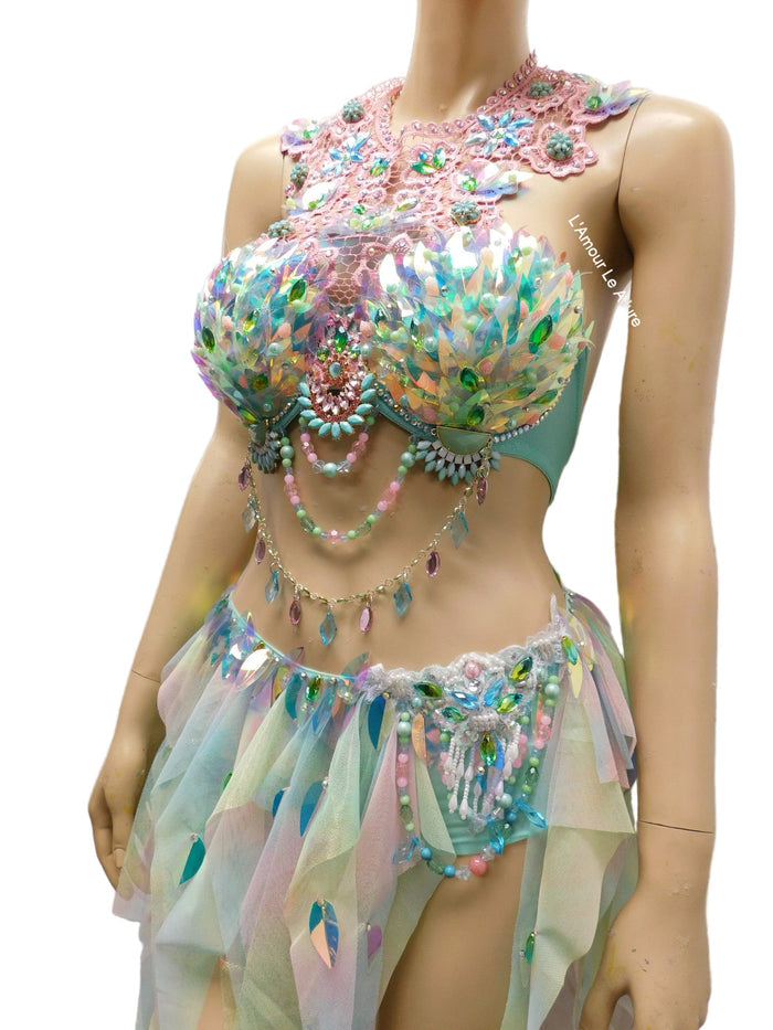 Holographic Pastel Rainbow Flower Fairy Bra and Bottom Costume Dance Rave Halloween