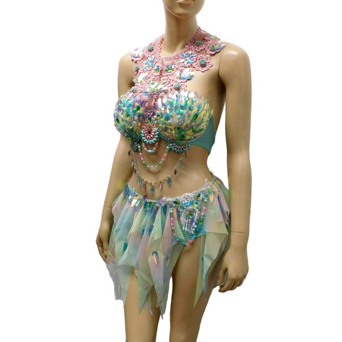 Holographic Pastel Rainbow Flower Fairy Bra and Bottom Costume Dance Rave Halloween