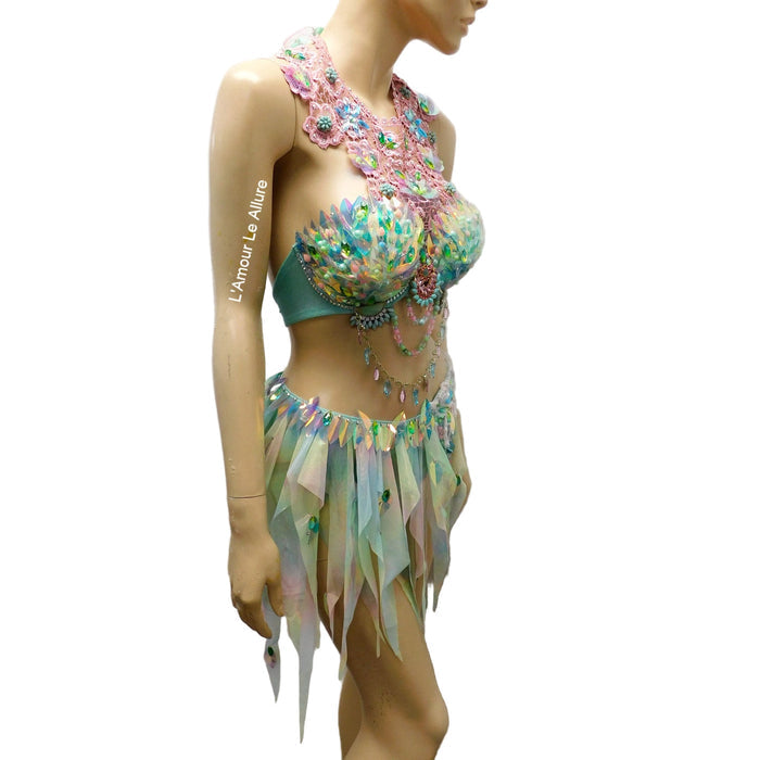 Holographic Pastel Rainbow Flower Fairy Bra and Bottom Costume Dance Rave Halloween