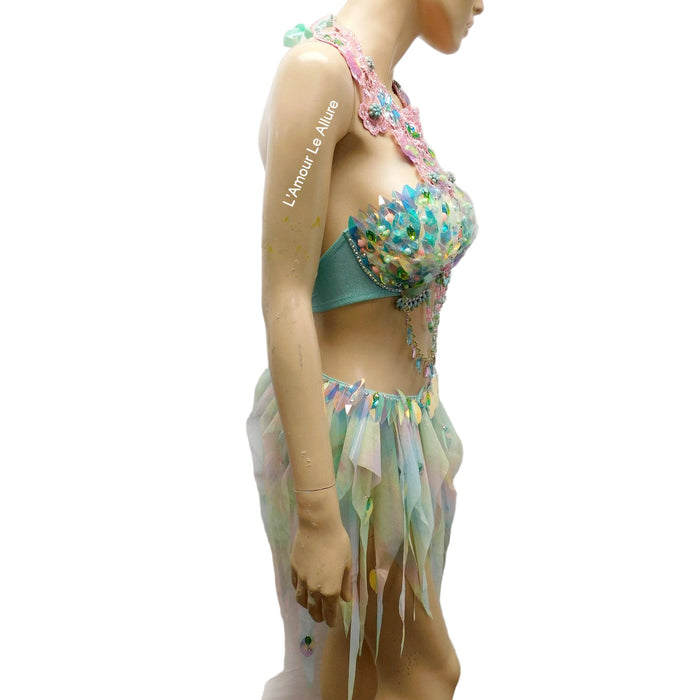Holographic Pastel Rainbow Flower Fairy Bra and Bottom Costume Dance Rave Halloween