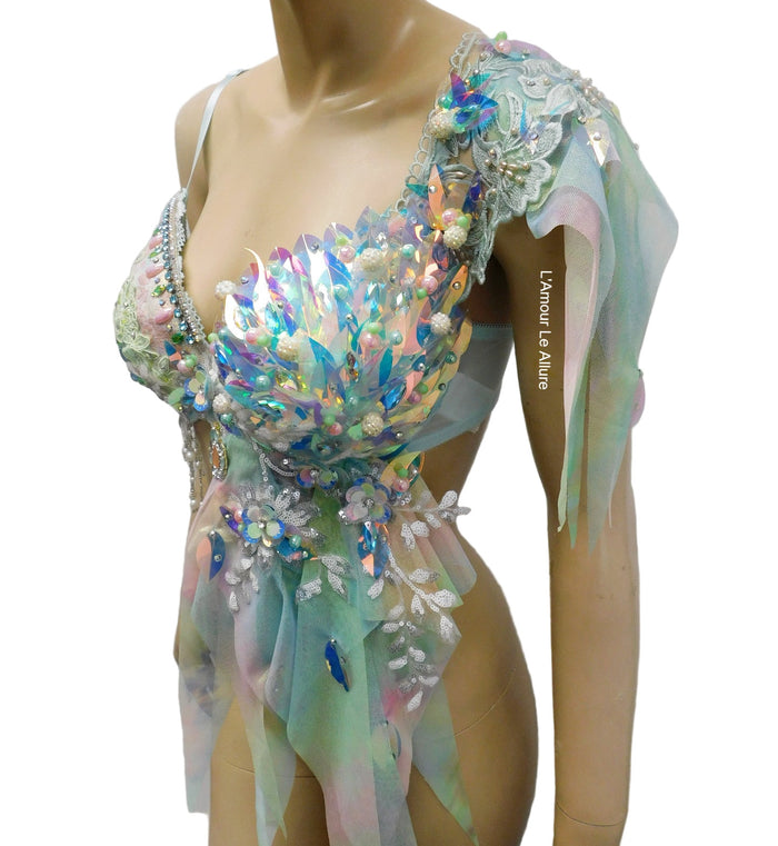 Holographic Pastel Rainbow Flower Fairy Bra Top Costume Dance Rave Halloween