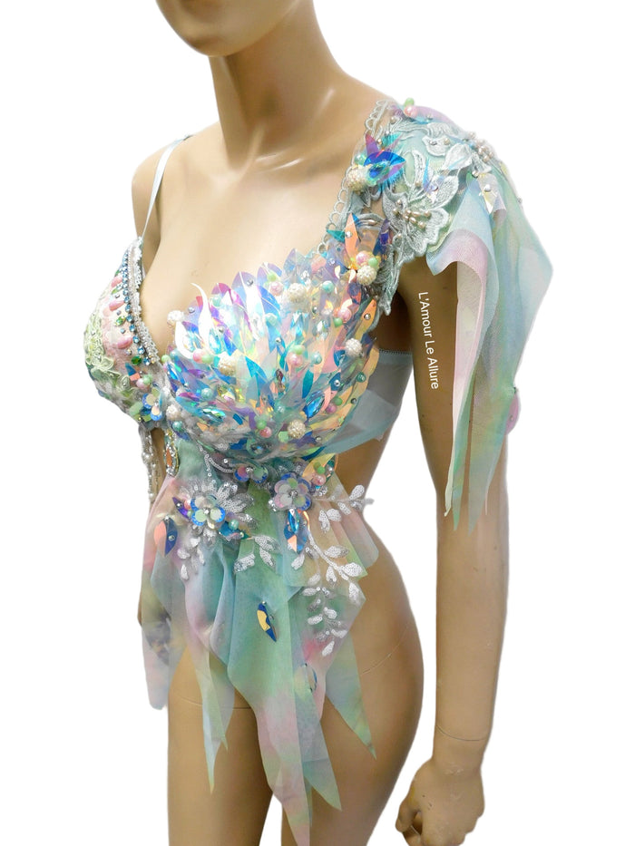 Holographic Pastel Rainbow Flower Fairy Bra Top Costume Dance Rave Halloween