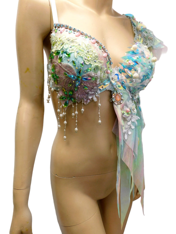 Holographic Pastel Rainbow Flower Fairy Bra Top Costume Dance Rave Halloween
