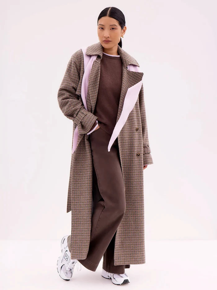 Houndstooth Check Belted Wool-Blend Trench Coat