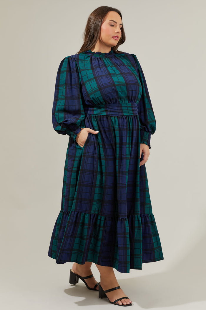 Hudson Plaid Caitlyn Smock Sleeve Midi Dress Curve