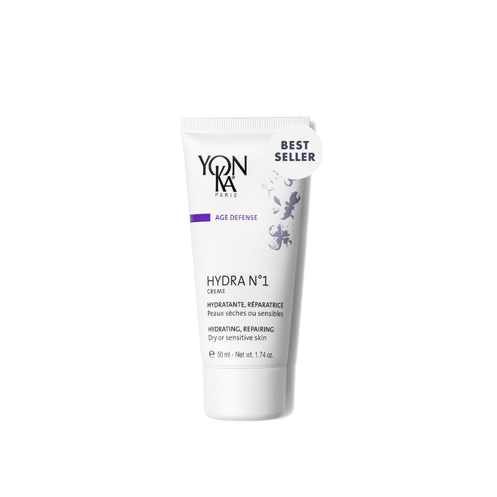 Tube of Hydra No. 1 Crème Hyluaronic Acid Moisturizer | Yon-Ka Paris shown on a white background, highlighting skincare for dry or sensitive skin with hydrating and repairing benefits.