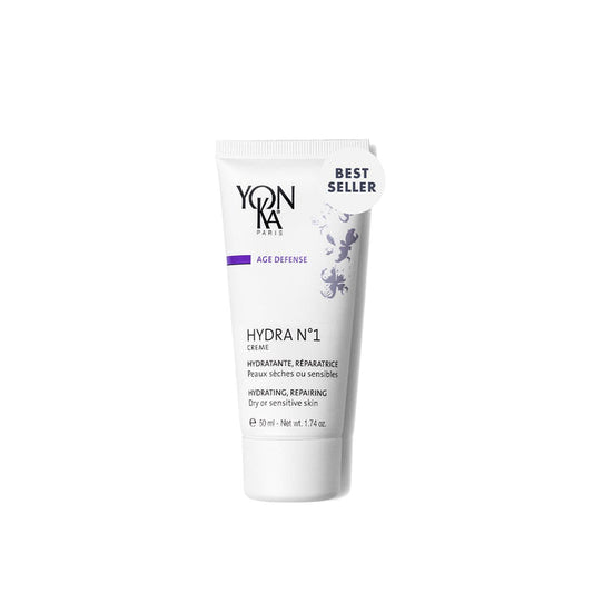 Tube of Hydra No. 1 Crème Hyluaronic Acid Moisturizer | Yon-Ka Paris shown on a white background, highlighting skincare for dry or sensitive skin with hydrating and repairing benefits.