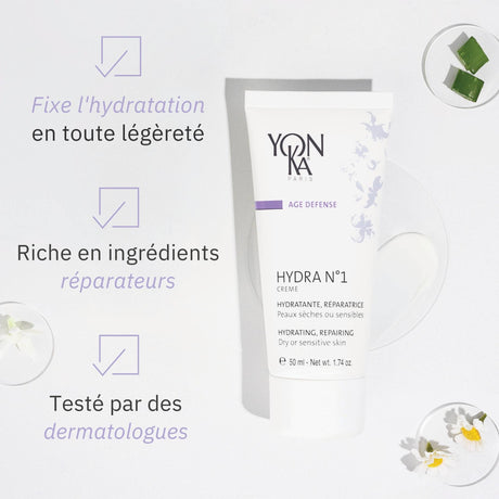 Tube of Hydra No. 1 Crème Hyluaronic Acid Moisturizer | Yon-Ka Paris displayed with aloe vera and chamomile, highlighting hydration, repairing ingredients, and dermatologist testing for dry or sensitive skin.