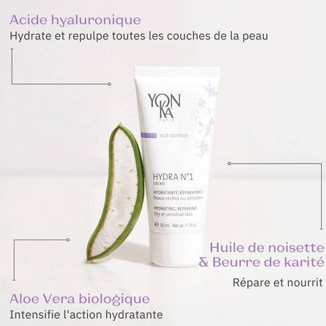 Tube of Hydra No. 1 Crème Hyluaronic Acid Moisturizer | Yon-Ka Paris displayed with aloe vera leaf, highlighting key skincare ingredients including hyaluronic acid, hazelnut oil, and shea butter for hydration and repair.