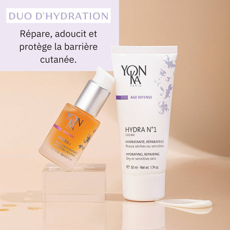 Hydra No. 1 Crème Hyluaronic Acid Moisturizer | Yon-Ka Paris displayed alongside a complementary serum, highlighting skincare for hydration and skin barrier protection.