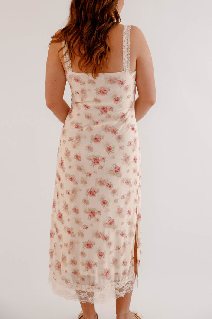 Vintage Rose Floral Lace Trim Midi Dress – Romantic Cottagecore Slip Dress- BaeVely 90s Floral Dress