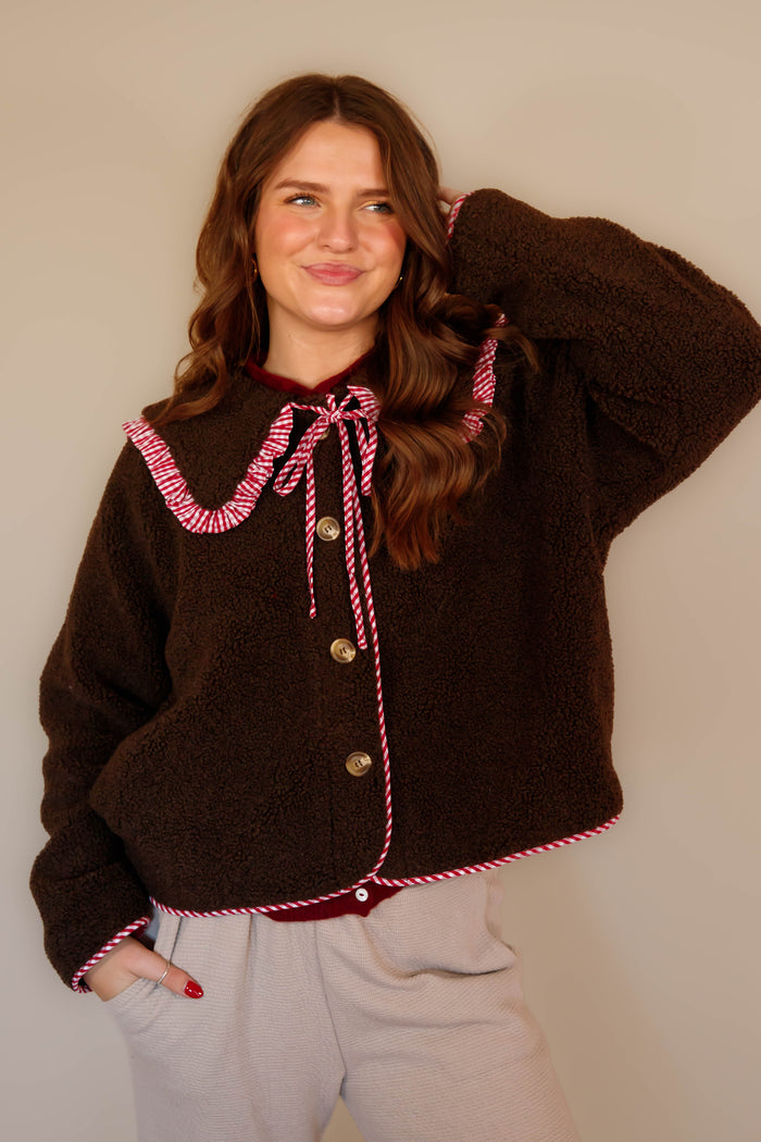 Brown Sherpa and Gingham Jacket- Red Gingham Trimmed Coat- Things Between Sherpa Jacket