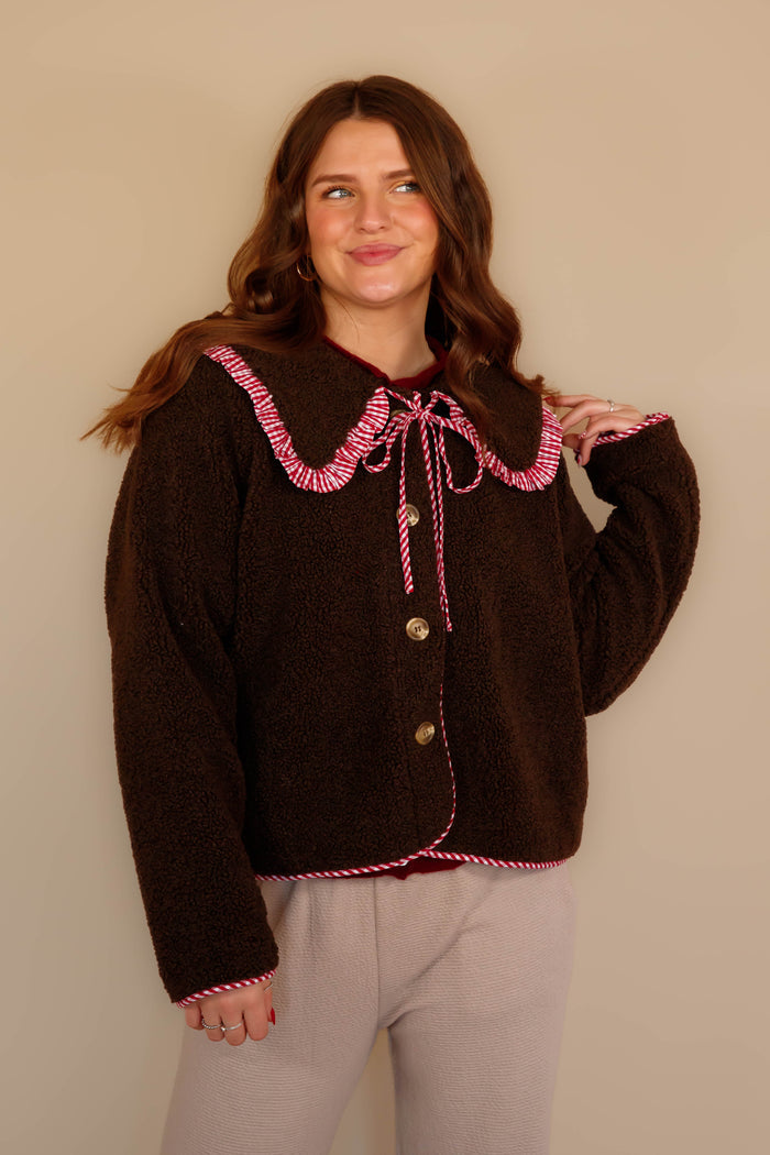 Brown Sherpa and Gingham Jacket- Red Gingham Trimmed Coat- Things Between Sherpa Jacket