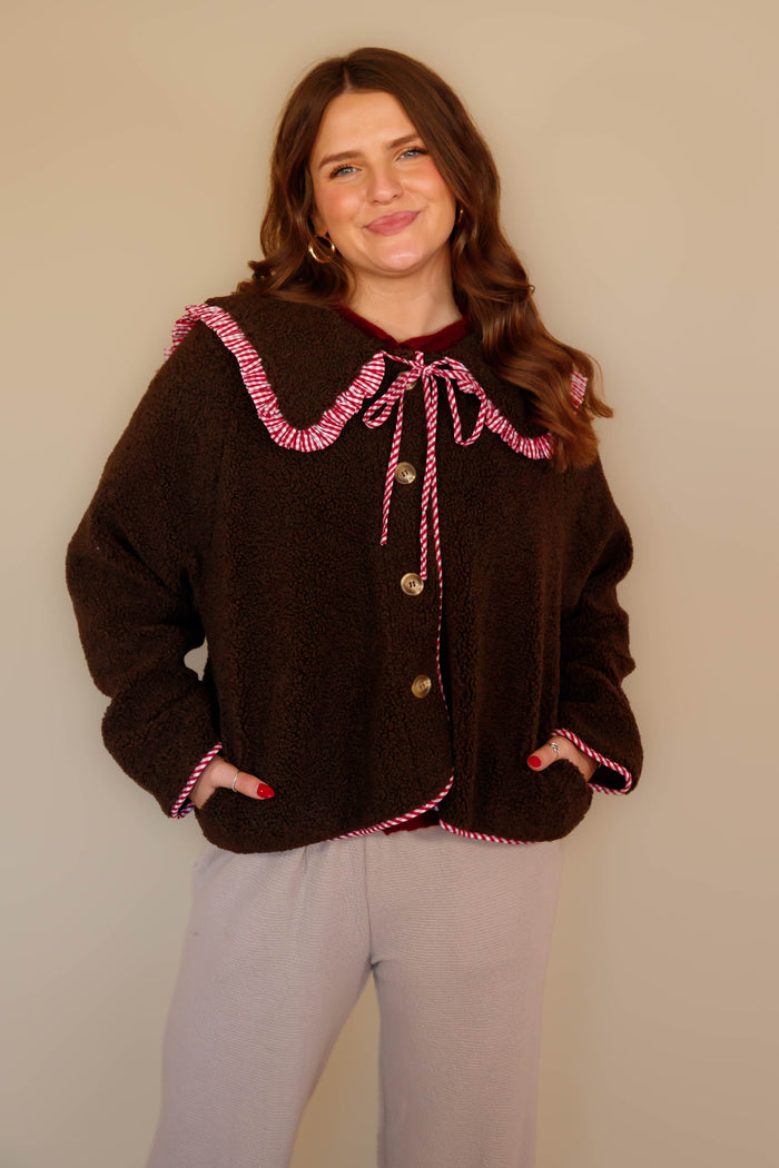 Brown Sherpa and Gingham Jacket- Red Gingham Trimmed Coat- Things Between Sherpa Jacket
