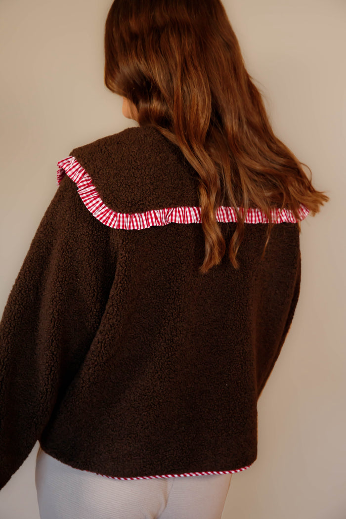 Brown Sherpa and Gingham Jacket- Red Gingham Trimmed Coat- Things Between Sherpa Jacket