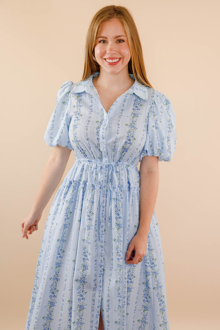 Women's Blue Floral Maxi Dress- Cotton Collar Maxi- Peach Love Dresses