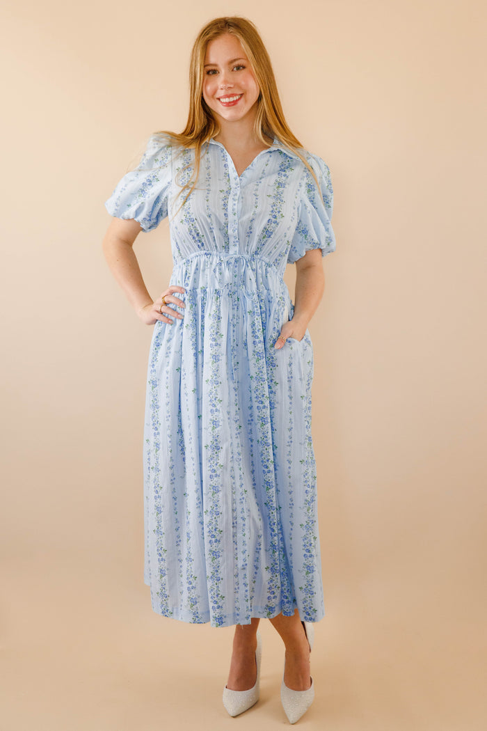 Women's Blue Floral Maxi Dress- Cotton Collar Maxi- Peach Love Dresses