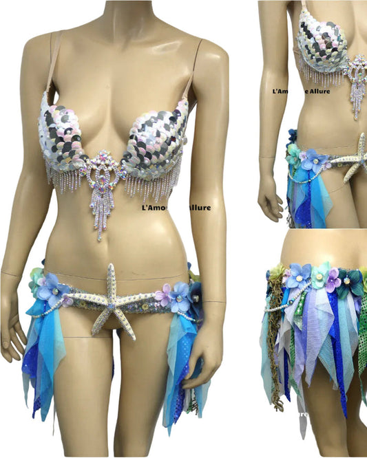 Iridescent White Sequin Scale Mermaid Plunge with Garter Belt Skirt