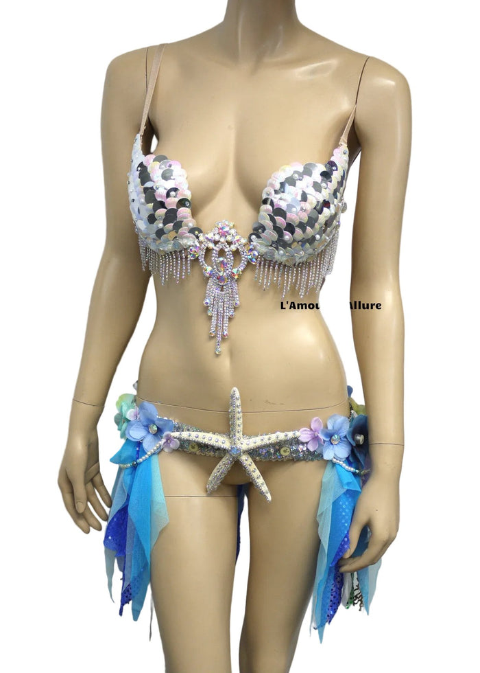 Iridescent White Sequin Scale Mermaid Plunge with Garter Belt Skirt
