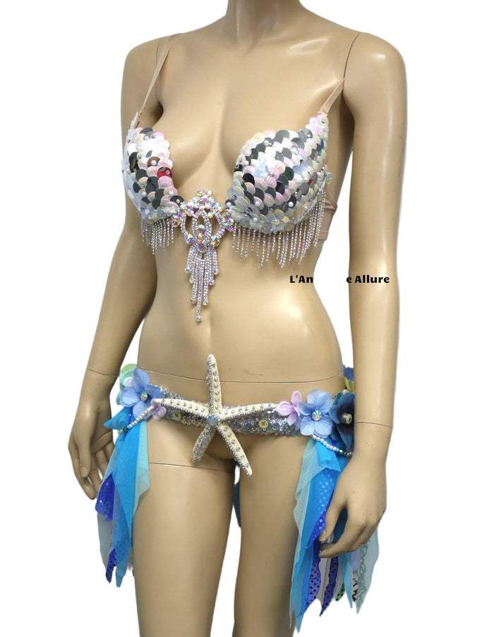 Iridescent White Sequin Scale Mermaid Plunge with Garter Belt Skirt