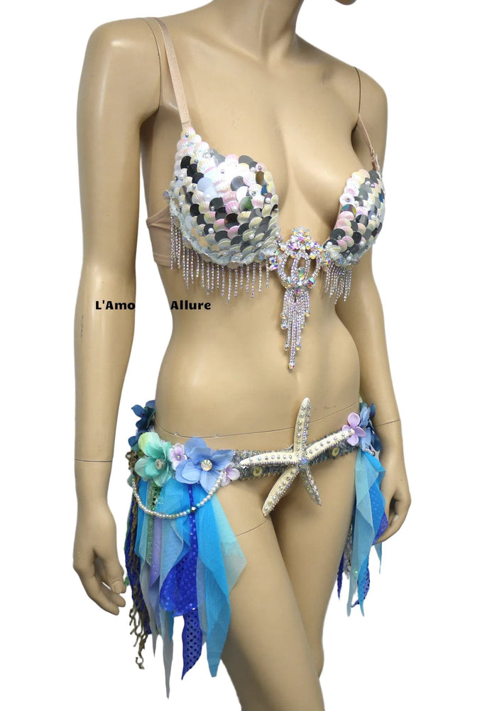 Iridescent White Sequin Scale Mermaid Plunge with Garter Belt Skirt