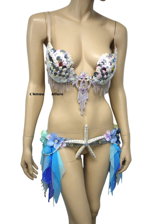 Iridescent White Sequin Scale Mermaid Plunge with Garter Belt Skirt