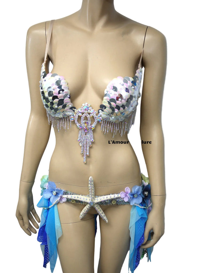 Iridescent White Sequin Scale Mermaid Plunge with Garter Belt Skirt