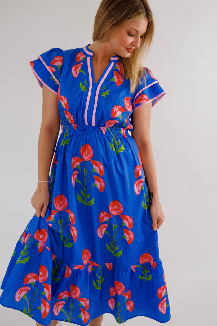 Floral Flutter Sleeve Midi Dress- Pink and Blue Midi Dress- Entro Dresses